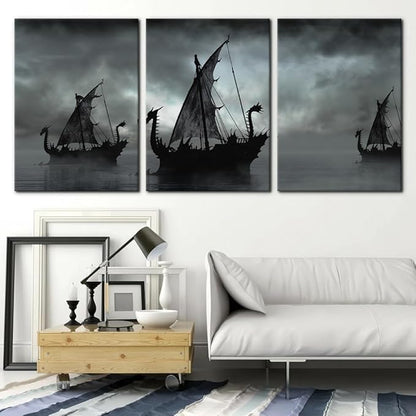 Pacimo Black and White Painting Wall Decor Vikings Ship Artwork Fantasy Sailing Boat Pictures for Living Room 3 Panel Dragon Modern Canvas Wall Art Framed Posters Prints Ready to Hang - 20"x28"x3