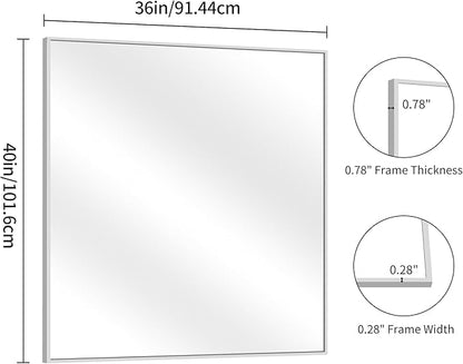 YIROMAN Bathroom Mirror 36"x40", Large Brushed Silver Bathroom Mirror for Over Sink with Aluminum Frame, Rectangular Vanity Mirror with Right Angle, Wall Mirror Hangs Horizontal or Vertical