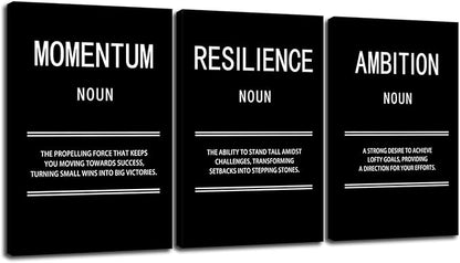 WYJZDZQ8 Ambition Momentum Resilience 3 Panel Inspirational Canvas Print Wall Art Motivational Poster Picture Painting Modern Inspiring Artwork for Home Office Living Room Wall Decor [48''Wx 24''H]
