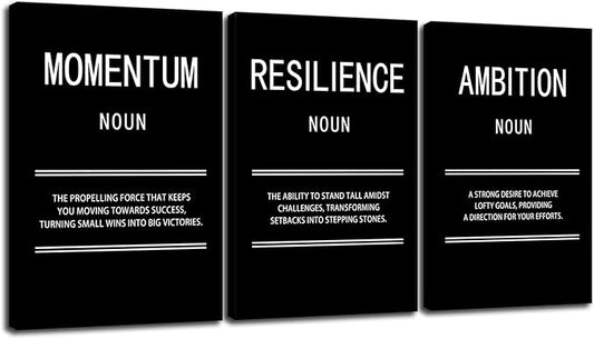 WYJZDZQ8 Ambition Momentum Resilience 3 Panel Inspirational Canvas Print Wall Art Motivational Poster Picture Painting Modern Inspiring Artwork for Home Office Living Room Wall Decor [48''Wx 24''H]