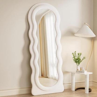 Dewfig Full Length Mirror, 63" x 24"Irregular Wavy Mirror, Large Floor Length Mirrors Wall Mounted, Standing Wavy Mirrors with Flannel Wrapped Wooden Frame for Bedroom/Living Room, White