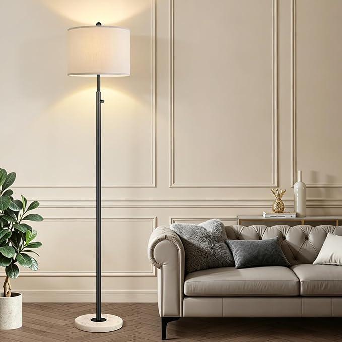 Nintiue Dimmable Floor Lamp for Living Room, 11W LED Bulb Included, Modern Standing Lamp with Marble Base, Tall Pole Light with White Linen Shade for Bedroom Reading Office Corner Nursery-Black
