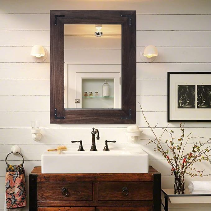 YOSHOOT Rustic Wooden Framed Wall Mirror, Natural Wood Bathroom Vanity Mirror for Farmhouse Decor, Vertical or Horizontal Hanging (26" x 18", Black)
