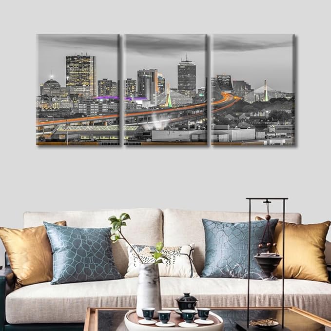 TUMOVO Boston Massachusetts Skyline Canvas Paintings Office Decor Bridges and Highways at Dusk Wall Decor 3 Pieces City Skyline Wall Decor for Bedroom, Living Room.Ready to Hang (36" Wx16 H)