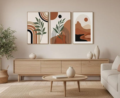 SAFERRYHOME Boho Abstract Wall Art, Mid Century Bohemian Wall Decor Framed Canvas Set of 3, Modern Minimalist Artwork Botanical Painting Prints Pictures for Living Room Bedroom Bathroom, 16x24 inch
