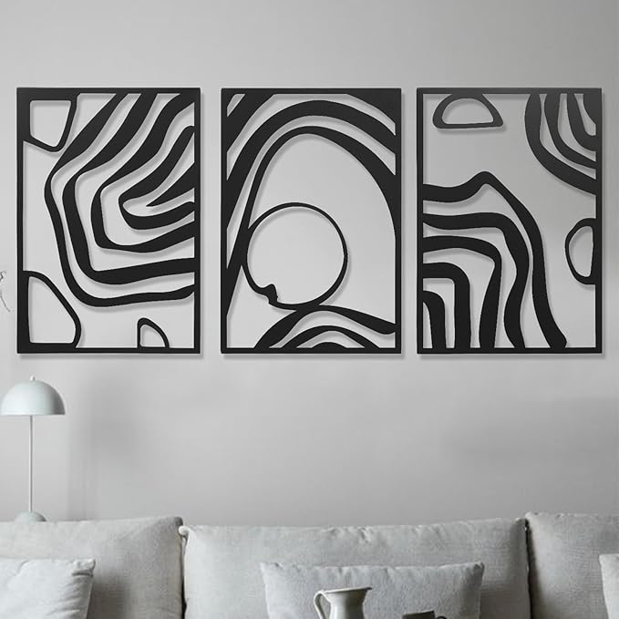 AMAATE 3 Piece Black Metal Wall Art, Modern Abstract Geometric Line Art Sculpture, Minimalist Hollow Out Metal Wall Decor for Living Room Bedroom Home Decor 14.6" X 22.5" in