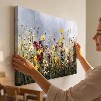 BQVCT Wildflower Meadow Canvas Wall Art 20x40 Inch Floral Botanical Painting Print on Framed Canvas Vibrant Colorful Garden Landscape Wall Decor for Living Room Bedroom Office