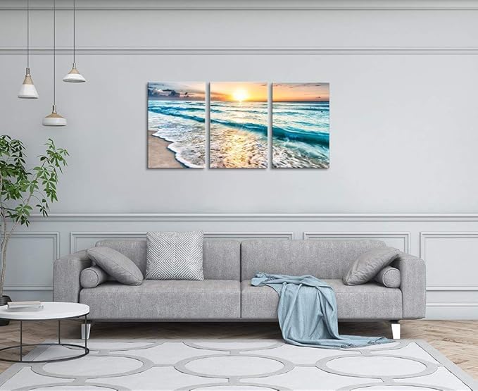 TutuBeer 3 Panel Canvas Wall Art for Home Decor Blue Sea Sunset White Beach Painting the Picture Print on Canvas Seascape the Pictures For Home Decor Decoration,Ready to Hang
