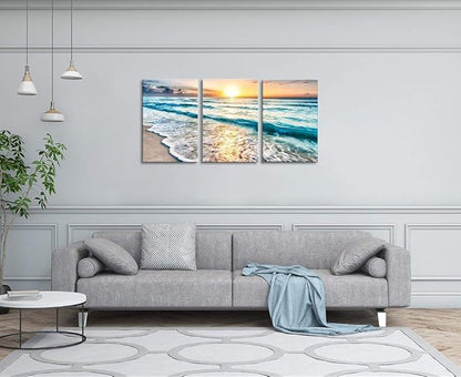 TutuBeer 3 Panel Canvas Wall Art for Home Decor Blue Sea Sunset White Beach Painting the Picture Print on Canvas Seascape the Pictures For Home Decor Decoration,Ready to Hang