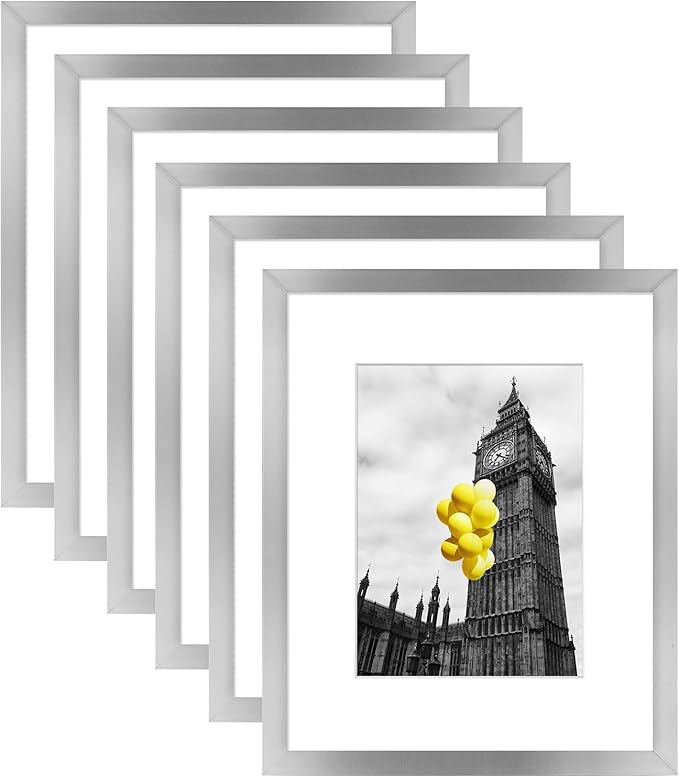 8x10 Picture Frame Set of 6, Display Pictures 5x7 with Mat or 8x10 Without Mat for Tabletop Display and Wall Mounting,Silver