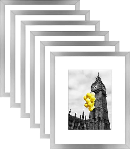 8x10 Picture Frame Set of 6, Display Pictures 5x7 with Mat or 8x10 Without Mat for Tabletop Display and Wall Mounting,Silver