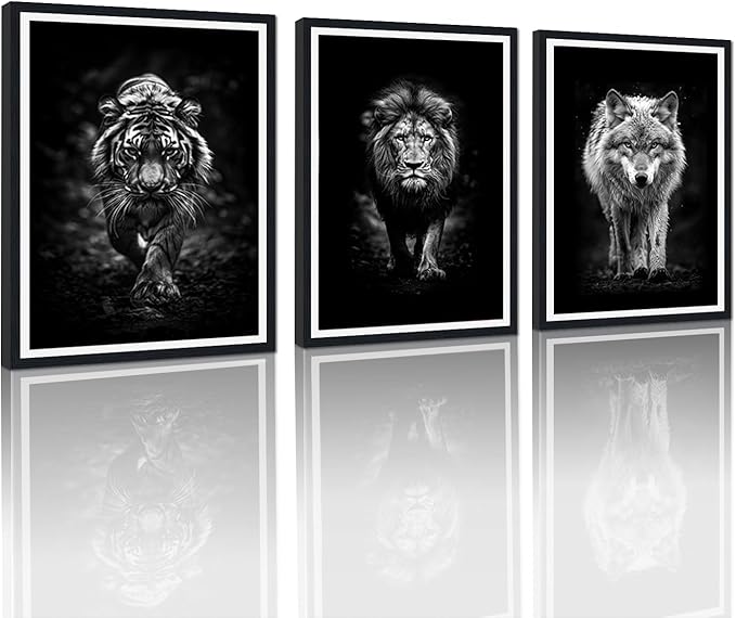 Black White Wild Beasts Framed Canvas Wall Art Set of 3 Tiger Lion Wolf Decor for Office Nursery Living Room Bedroom Modern Wildlife Animals Print Artwork Wall Decor Easy to Hand 12x16inchx3pcs