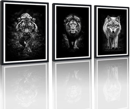 Black White Wild Beasts Framed Canvas Wall Art Set of 3 Tiger Lion Wolf Decor for Office Nursery Living Room Bedroom Modern Wildlife Animals Print Artwork Wall Decor Easy to Hand 12x16inchx3pcs