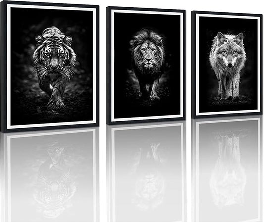 Black White Wild Beasts Framed Canvas Wall Art Set of 3 Tiger Lion Wolf Decor for Office Nursery Living Room Bedroom Modern Wildlife Animals Print Artwork Wall Decor Easy to Hand 12x16inchx3pcs