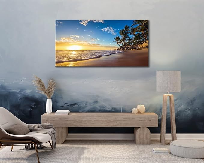 Beach Sunset Large Wall Art Tropical Palm Tree Canvas Paintings Coastal Landscape Pictures Wall Decor for Living Room Ocean Seascape Poster Nature Painting for Bedroom Office Home Decor 20x40 Inches