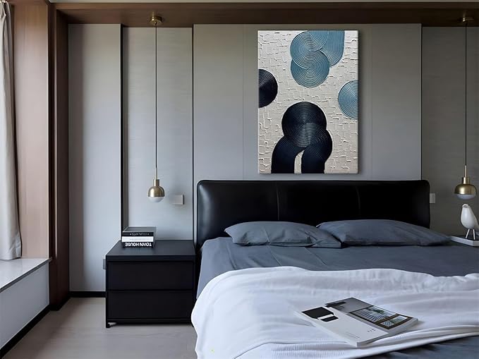 Slyart Blue and Black Abstract Textured Wall Art, Hand-Painted 3D Oil Paintings on Canvas Wall Art 40x28 inch Contemporary Art