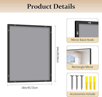 COFENY Black Bathroom Mirror for Wall, 18x24 Inch Rectangle Mirror with Metal Frame, Modern Vanity Mirrors for Bathroom Living Room, Entryway Hangs Horizontal or Vertical