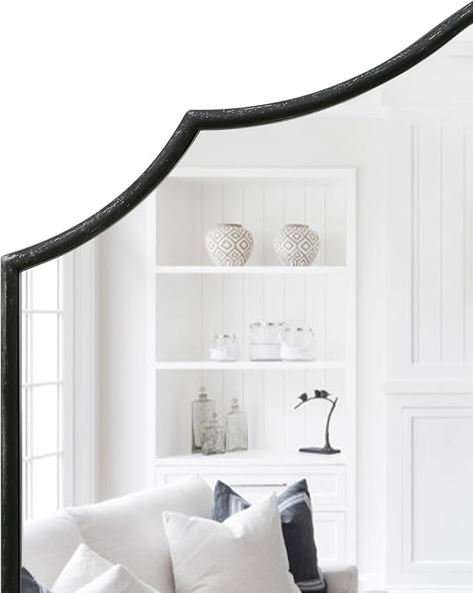 Besdomus Scalloped Arched Mirror for Mantel: 35"x26" Black Modern Wooden Wall Mirror - Minimalist Decorative Dresser for Vanity/Bathroom/Bedroom/Fireplace/Living Room/Entryway - Stylish Home Decor