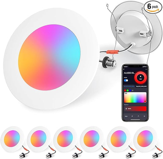 ALUSSO 6 inch LED Can Lights 12W 1100LM 6 Pack, 5CCT 2700K/3000K/4000K/5000K/6000K Selectable, Recessed Lighting Dimmable, RGB Color Changing Bluetooth Downllight Compatible, White