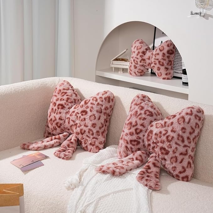 2 Pack Cute Leopard Print Bow Throw Pillows Furry Cheetah Bownote Plush Pillow Decor Bow Lumbar Suffed Pillow for Home Living Room Bedroom Bed Couch Cushion