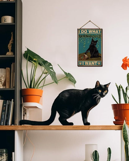 ALKB Funny Black Cat Sign - I Do What I Want Metal Signs Cat Lover Gift for Home Office Bedroom Wall Decor 8 x 12 Inch