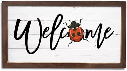 Ladybug Welcome Decor, Front Door Porch Signs, Welcome Decoration for Wall, Farmhouse Home Decors for Indoor Outdoor, Garden Yard Decors, Wooden Framed Wall Plaque 15×7.5×0.3 inches