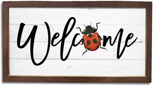 Ladybug Welcome Decor, Front Door Porch Signs, Welcome Decoration for Wall, Farmhouse Home Decors for Indoor Outdoor, Garden Yard Decors, Wooden Framed Wall Plaque 15×7.5×0.3 inches