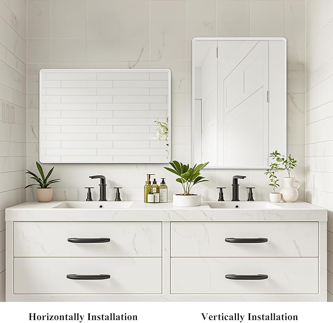 Fabuday Bathroom Mirror 40x30 Inch, White Wall Mirror for Over Sink with Brushed Metal Frame, Rectangular White Vanity Mirror for Decor, Horizontal or Vertical Hanging, Heavy-Duty Hooks