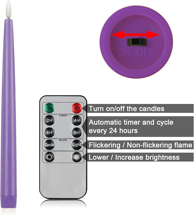 CVHOMEDECO. Flameless Taper Candles with 10-Key Remote, Battery Operated Led Flickering 3D Wick Window Candles Real Wax Finished Home Christmas Party Decor 0.78 x 11 Inch, Pack of 2, Purple