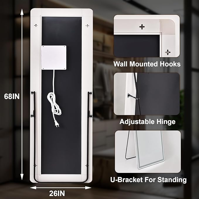 Easly 26x68 inch Full Length Mirror with Lights, LED Lighted Floor Standing, Hanging Mirror Full Length with Stand Free, Full Body Dressing Mirrors with Dimmable 3 Color LED