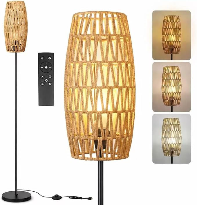 Ruiever Floor Lamp for Living Room,Farmhouse Floor lamp,Modern Standing lamp with Hand-Worked Rattan Shade (Drum Shade-with Remote)