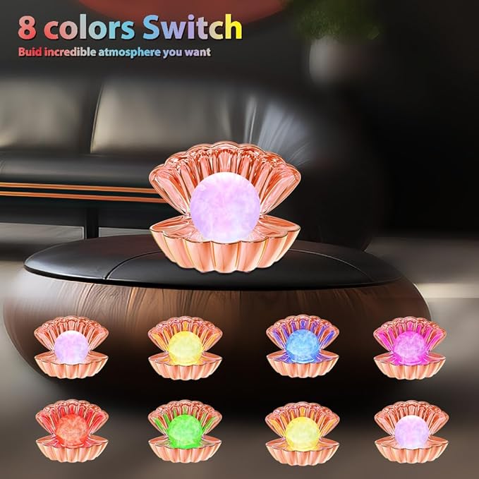LKUA Shell Pearl Beach Themed Night Light, RGB 8 Colors Changing Mood Shell Pearl Lamps, Bedside LED Clamshell Portable Night Lights for Bar (Electroplated Rose Gold)