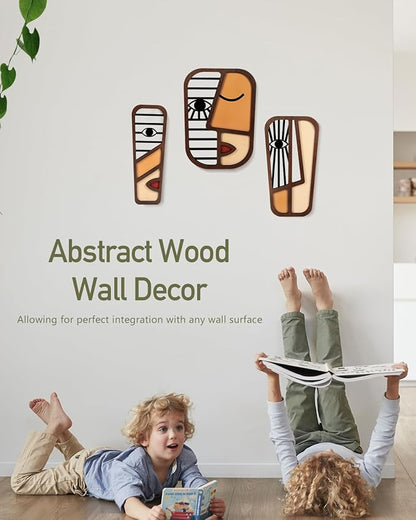 LIFVEAN Abstract Wood Picasso Wall Art Decor - Vintage African Art Tribal Wall Art - Modern Minimalism Mask Home Wall Decor - for Bedroom Bathroom Living Room (3 Piece)