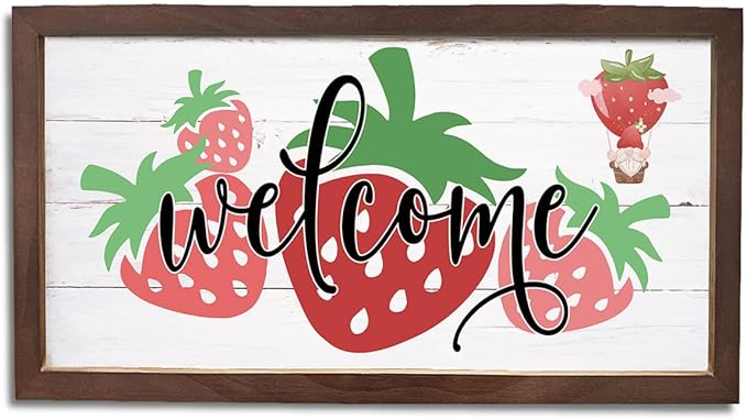 Strawberry Welcome Decoration, Rustic Hanging Wood Signs, Kitchen Wall Art, Farmhouse Home Garden Yard Decor, Wooden Framed Wall Decors, Welcome to Our Patch Sign 15×7.5×0.3 inches