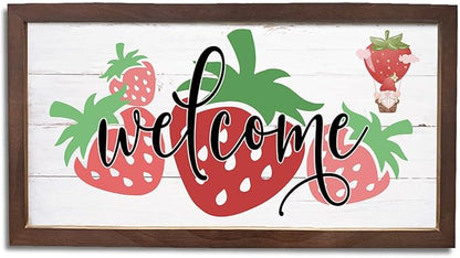 Strawberry Welcome Decoration, Rustic Hanging Wood Signs, Kitchen Wall Art, Farmhouse Home Garden Yard Decor, Wooden Framed Wall Decors, Welcome to Our Patch Sign 15×7.5×0.3 inches