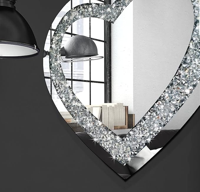 DMDFIRST Crystal Crush Diamond Heart Shaped Silver Mirror for Wall Decoration 20x20x1 inch Wall Hang Frameless Mirror Acrylic Diamond Décor.