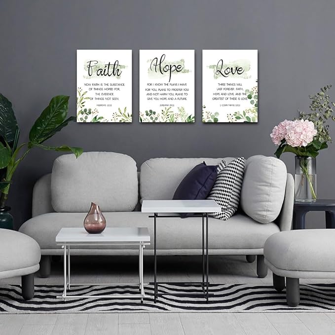 Faith, Hope & Love Bible Verse Inspirational Wall Art, Christian Canvas, A Great Religious Decor Gift for Living Room & Bedroom, (29 x 38cm x 3pcs) Framed (Green)