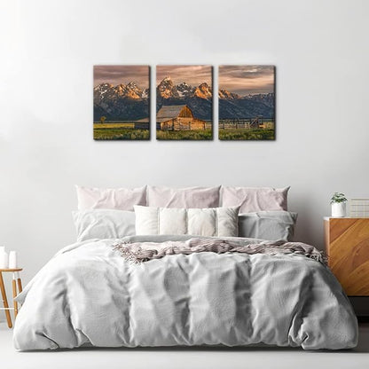 Pacimo Country Paintings for Wall Grand Canyon Picture Art Nature Landscape Artwork 3 Pieces Log Cabin Modern Wall Art Giclee Home Decorations for Living Room Framed Ready to Hang - 12" x 16" x 3