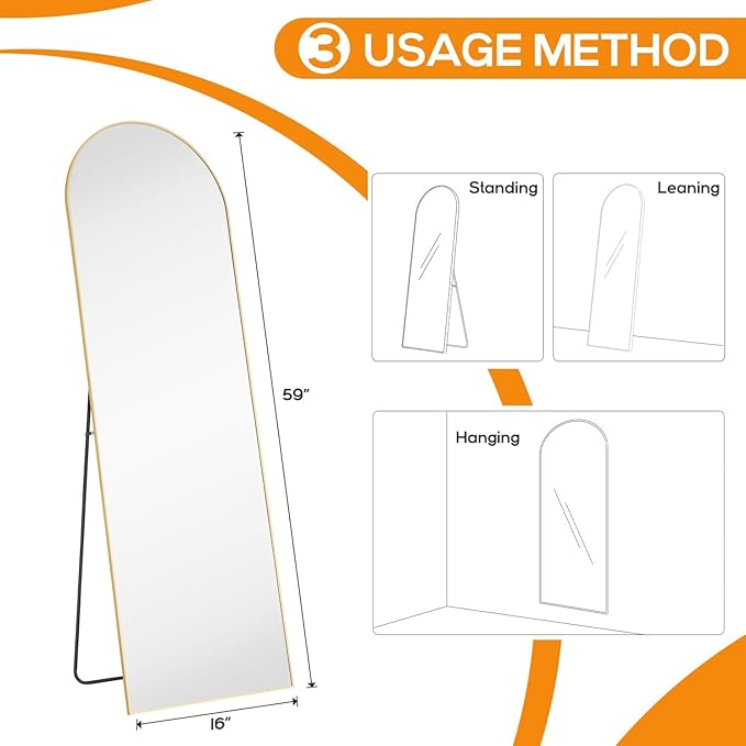 Arched Full Length Floor Mirror, 15.75"x59" Full Body Standing Mirrors with Shatter-Proof Glass, Floor or Wall Mount, Hanging or Leaning, Aluminum Alloy Frame for Home Decor, Gold