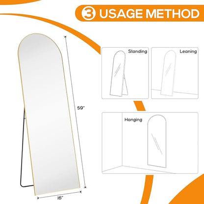 Arched Full Length Floor Mirror, 15.75"x59" Full Body Standing Mirrors with Shatter-Proof Glass, Floor or Wall Mount, Hanging or Leaning, Aluminum Alloy Frame for Home Decor, Gold