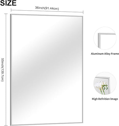 COFENY 36x55inch Bathroom Mirror, Silver Rectangle Mirror with Thin Metal Frame, Large Rectangular Wall Mirrors for Bathroom, Living Room, Hair Salon, Big Mirror Hang Horizontal/Vertical