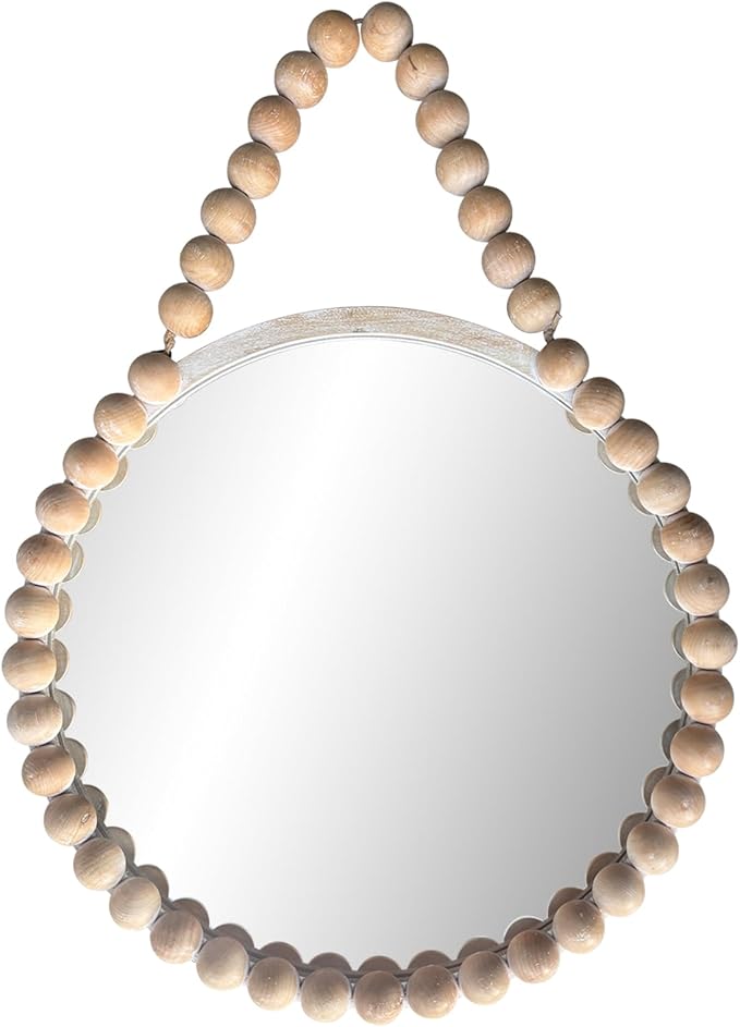 POZINO Wood Beaded Round Wall Mirror, 24" Farmhouse Hanging Rustic Mirror with Rope, Spherical Frame for Bathroom Bedroom Living Room Hallway Entryway Fireplace