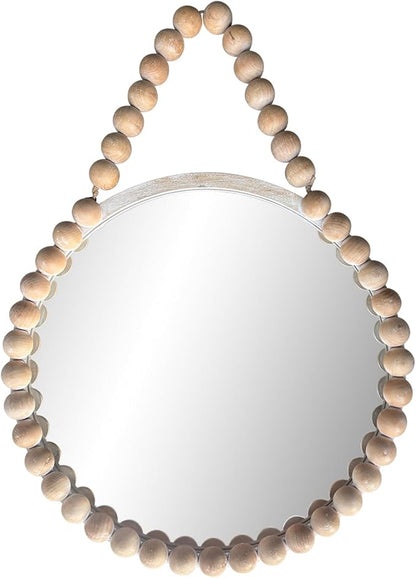 POZINO Wood Beaded Round Wall Mirror, 24" Farmhouse Hanging Rustic Mirror with Rope, Spherical Frame for Bathroom Bedroom Living Room Hallway Entryway Fireplace