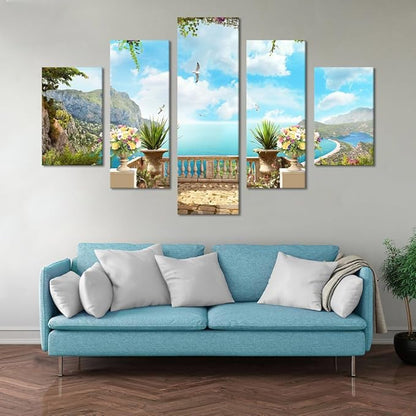 Beautiful Modern Landscape Balcony Overlooking the Harbour Pictures Painting on Canvas 5 Panels Combination Extra Large for Wall Art Living Room Home Decor Framed Stretched (60" W x 40" H)