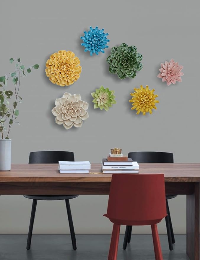 SEINHIJO Ceramic Flower Wall Decor 3D Wall Art Sculpture Modern Art Gift for Bedroom Living Room Home Office Pink 7.1 Inch