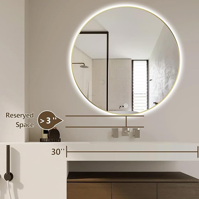 28" Round LED Bathroom Mirror, Wall Mounted Round Backlit Mirror LED Bathroom Vanity Mirror with Light Fog Free Circle Lighted Mirror with Shiny Gold Frame, Smart Light up Mirror 3-Color