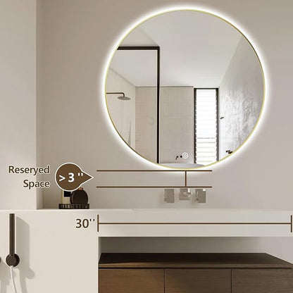 28" Round LED Bathroom Mirror, Wall Mounted Round Backlit Mirror LED Bathroom Vanity Mirror with Light Fog Free Circle Lighted Mirror with Shiny Gold Frame, Smart Light up Mirror 3-Color