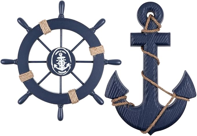 MDLUU Wooden Nautical Ship Steering Wheel, Small Ship Rudder and Anchor Wall Decor Set, 11" Navy Blue Helm Wheel Beach Theme Hanging Ornament
