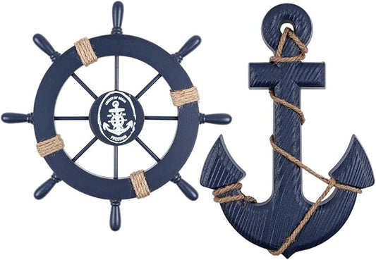 MDLUU Wooden Nautical Ship Steering Wheel, Small Ship Rudder and Anchor Wall Decor Set, 11" Navy Blue Helm Wheel Beach Theme Hanging Ornament