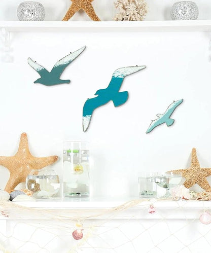 Putuo Decor 3pcs Seagull Wall Decor, Wooden Sea Bird Beach Wall Art, Ocean Home Decor Indoor Coastal Theme Wall Hanging for Bathroom Home Living Room Lake House